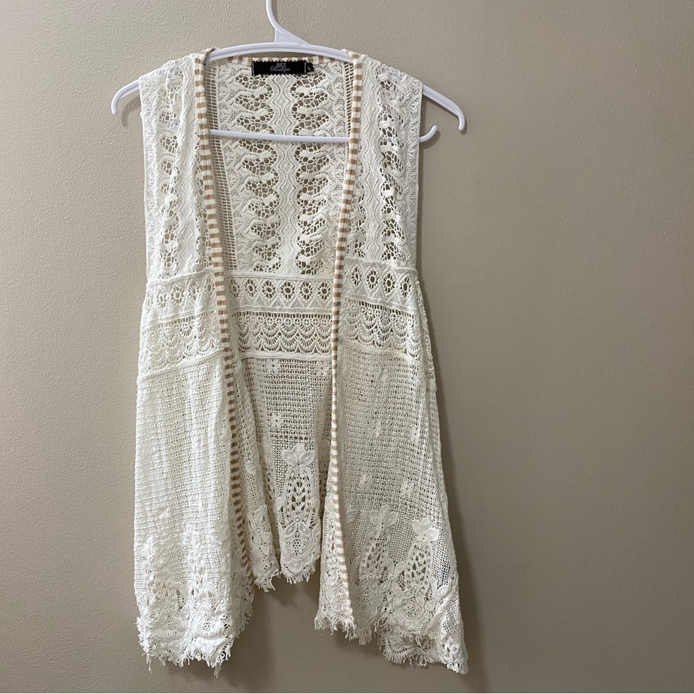 BKE Cream Lace Crochet Open Vest